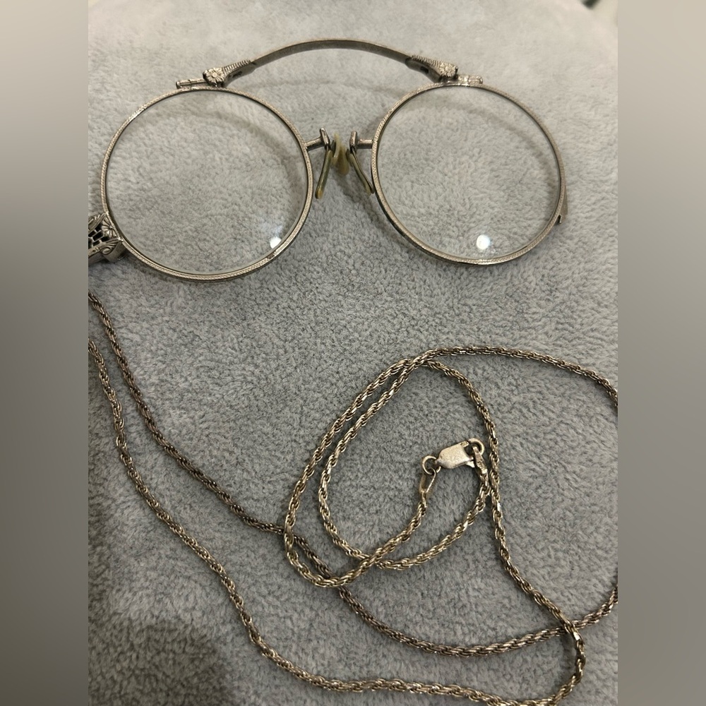 14K SPG Vintage Pince-nez Glasses on Sterling Silver Chain